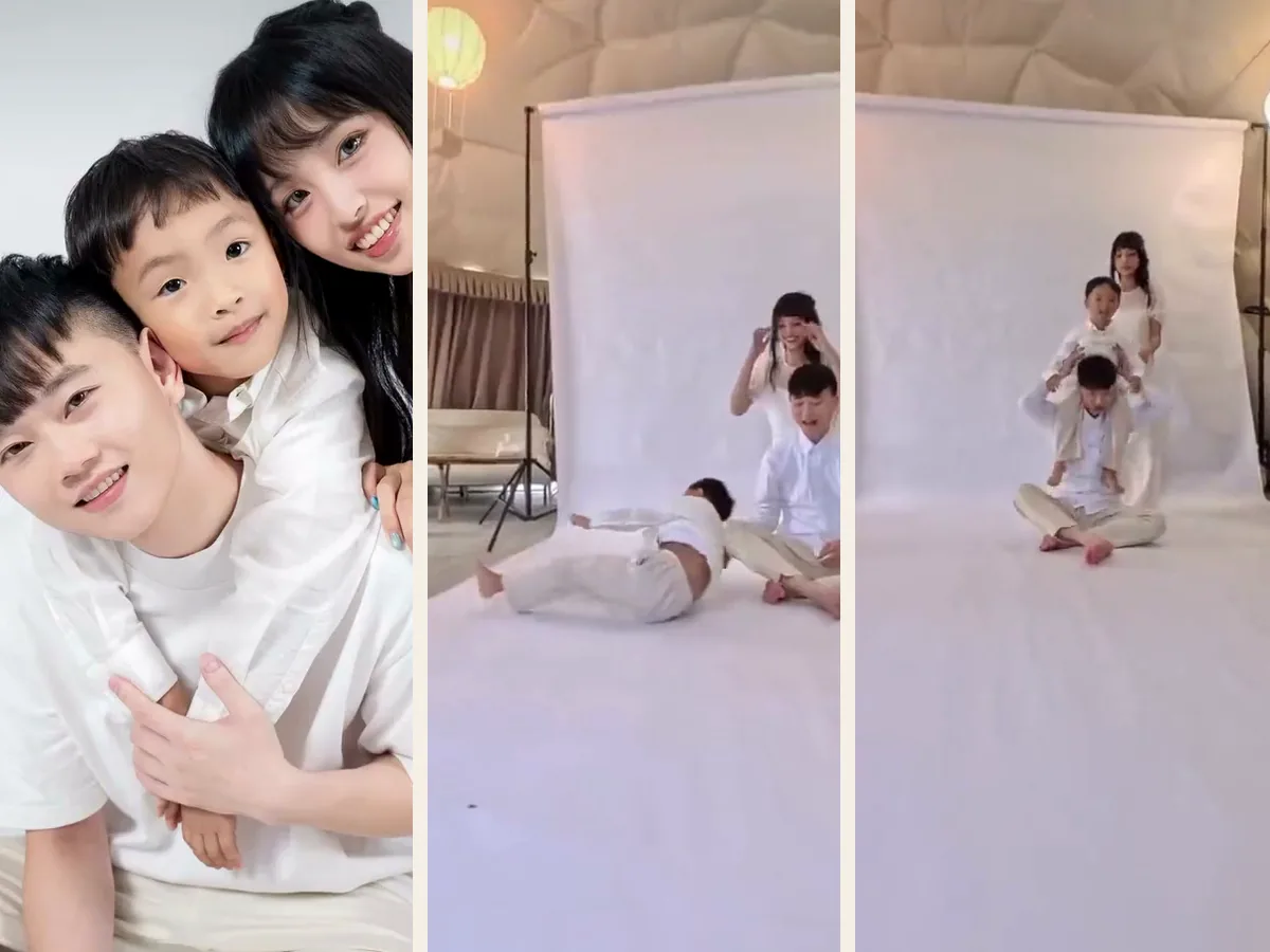 媽媽與兩個孩子在純白背景前拍攝親子互動照
