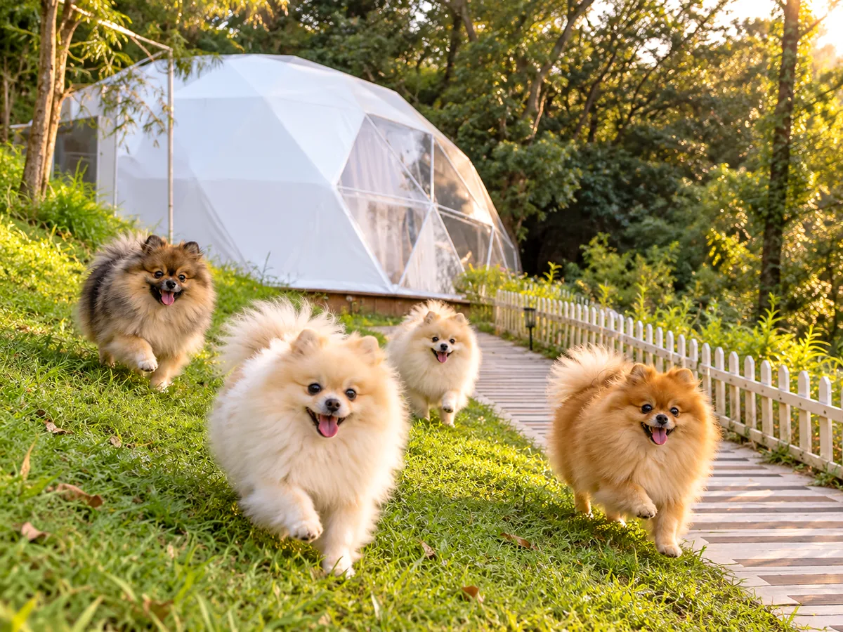 情境主圖：四隻博美犬在森林草地與白色圓頂旁奔跑
